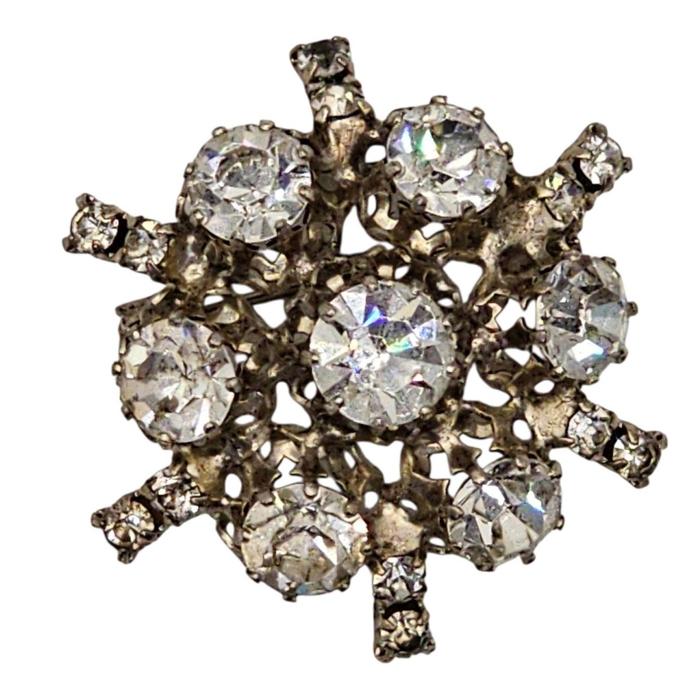 Vintage Made in Austria Clear Rhinestone Snowflake Starburst Brooch Silver Tone